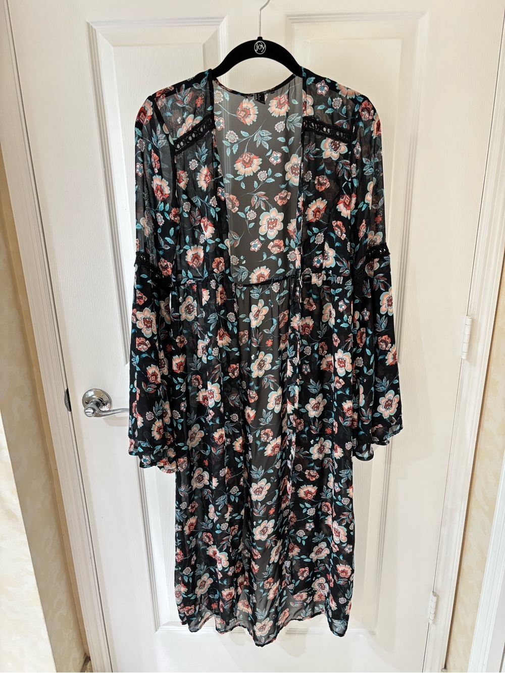 Forever 21 Black Floral Sheer Kimono with Pink & Teal Flowers